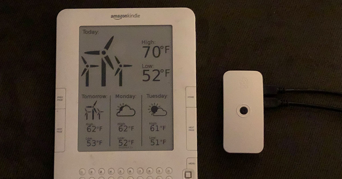 A Kindle e-reader displaying a weather dashboard